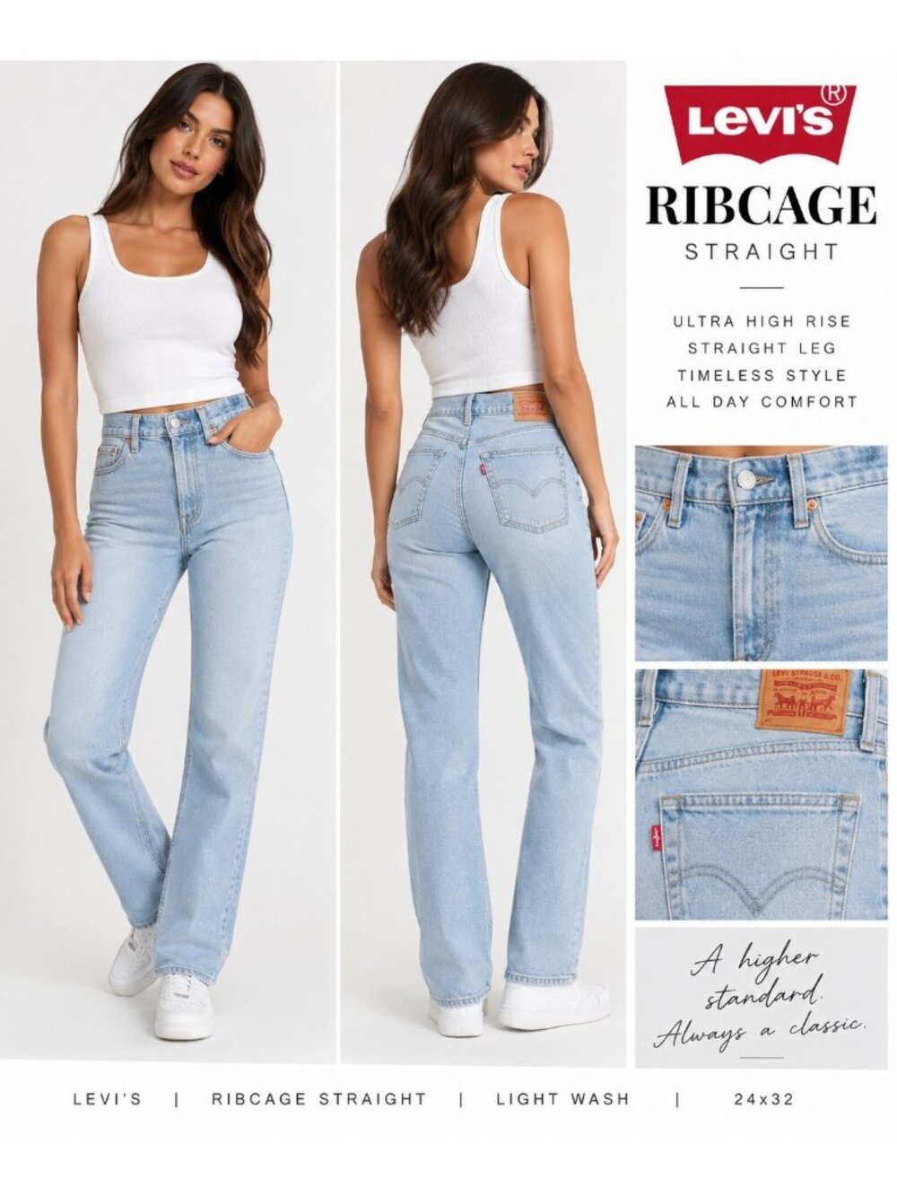 Levi’s Ribcage Straight Jeans Women’s 24x32 High Rise Light Wash Denim. Wl532